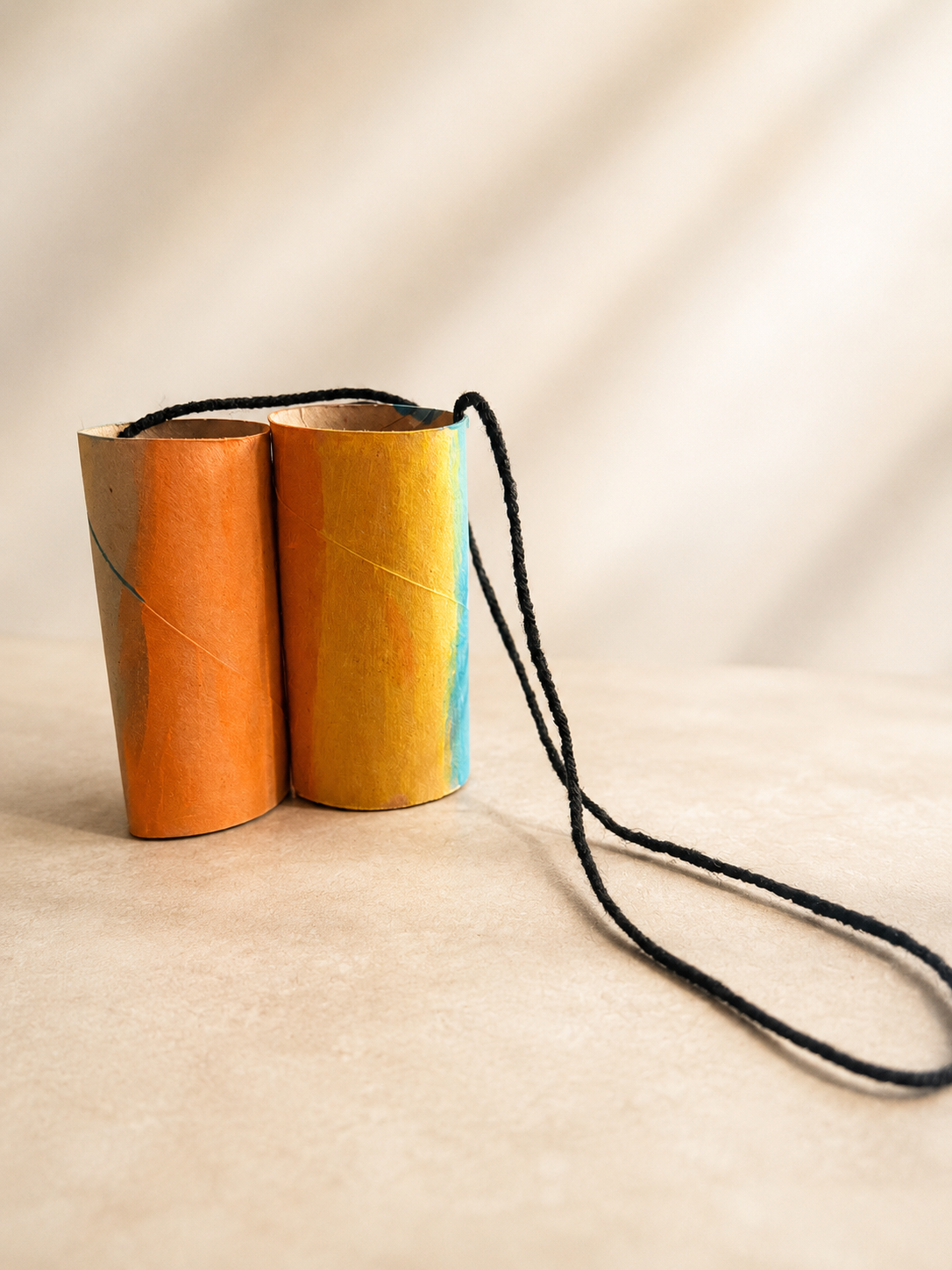 Recycled cardboard tube binoculars painted orange and yellow with a black yarn strap
