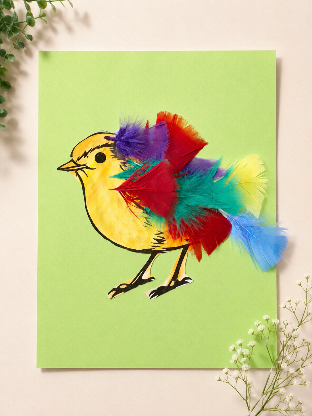 Colorful bird sensory craft decorated with soft feathers