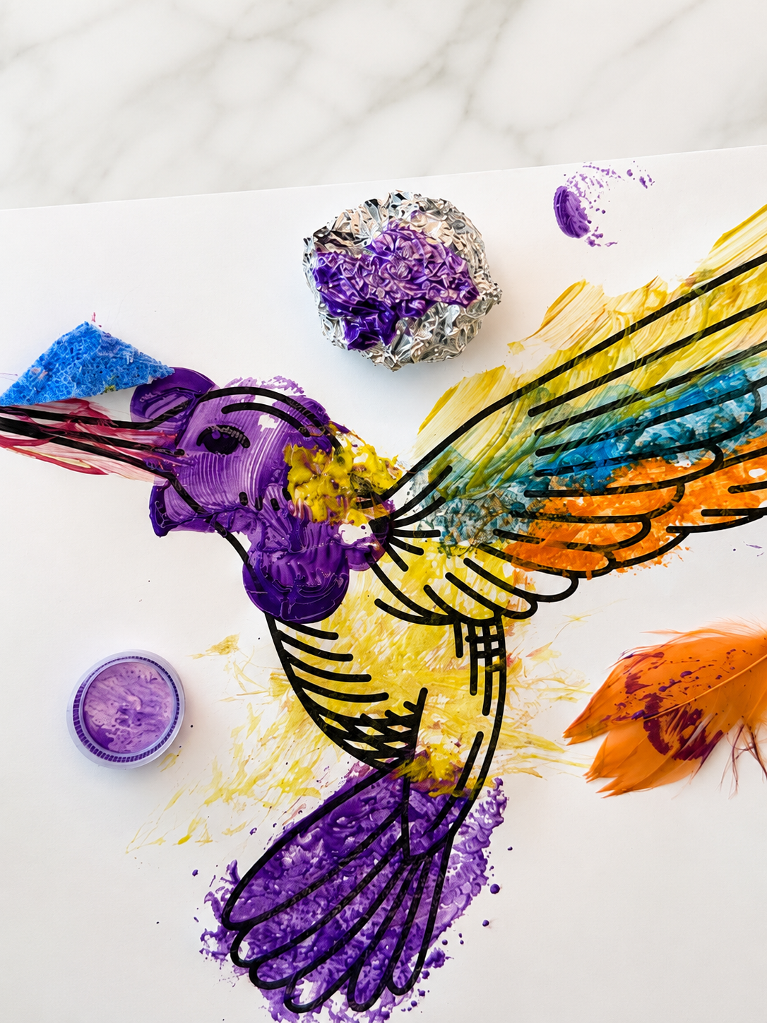 Textured bird painting made with different touch and painting tools