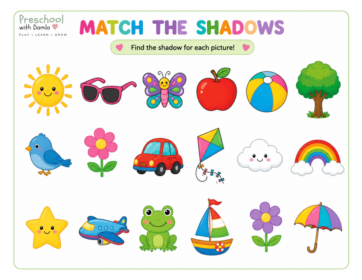 Five senses sight match the shadows printable preview
